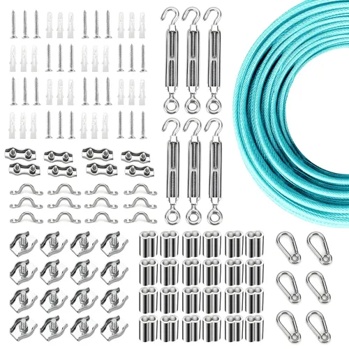 Miniatura 34 de Kit de suspensión de luces de cuerda de globo, cable guía de luz para exteriores, cable de acero inoxidable recubierto de vinilo, incluye 50 pies