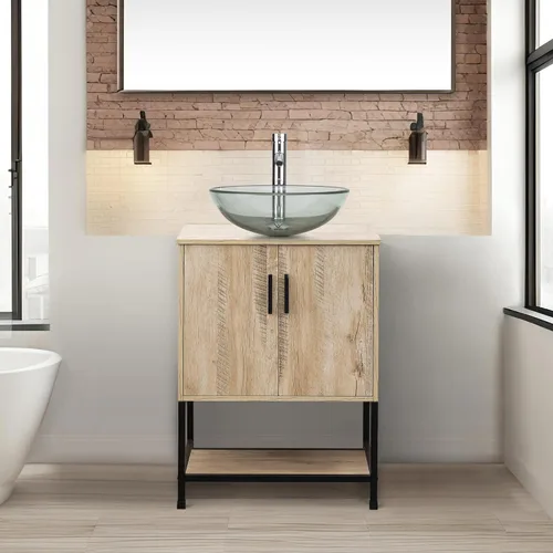 Miniatura 13 de UEV Tocador de Baño de Roble Rústico de 24" con Lavabo, Conjunto de Gabinete de Baño con Marco de Hierro Industrial con Puertas y Estante, con Combo