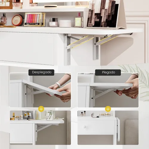 Miniatura 6 de Haewon Pequeño tocador con espejo y luces, tocador de maquillaje con estación de carga, juego de tocador compacto con silla de almacenamiento, cajón
