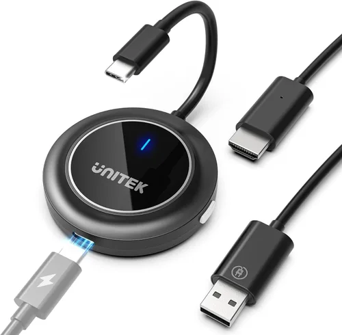 Unitek Adaptador de dongle inalámbrico con pantalla HDMI con puerto de carga PD3.0 de 100 W, transmisor de duplicación inalámbrico USB C portátil