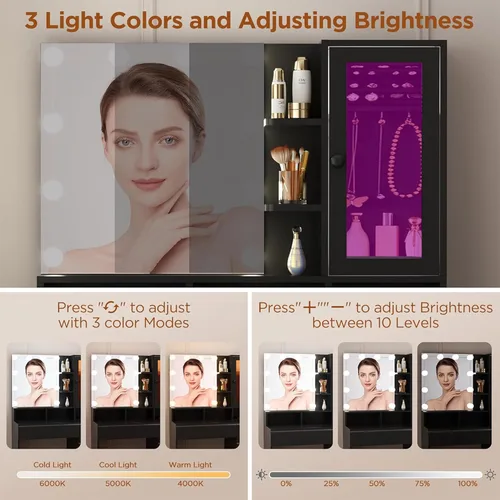 Miniatura 2 de ERLEJIA Escritorio de tocador con espejo de luces LED, mesa de maquillaje con toma de corriente para mujeres y niñas, escritorio de maquillaje