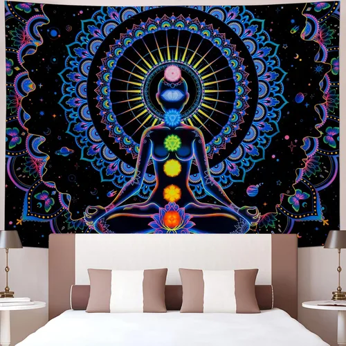 Miniatura 3 de Heopapin Blacklight - Tapiz de siete chakras, reactivo a los rayos UV, para yoga, meditación, mandala, tapiz de pared Trippy Galaxy Space Tapices