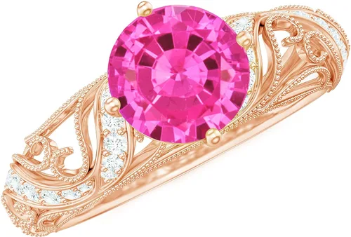 Miniatura 19 de Anillo de compromiso redondo de zafiro rosa cultivado en laboratorio certificado con diamante Calidad AAAA Anillo de estilo vintage para mujer