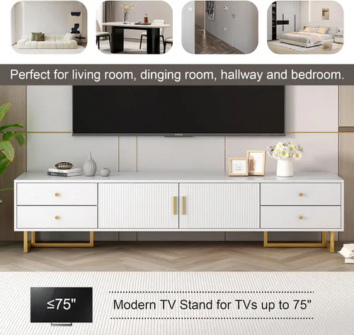 Miniatura 3 de BROVAVE 71" Wave Groove TV Stand, Entertainment Center with Metal Handles, TV Media Console with Cable Storage Hole for Living Room, White Negro