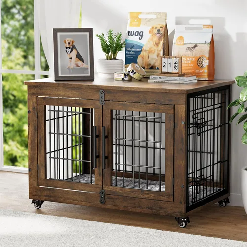 Miniatura 21 de YaFiti Mueble de jaula para perros con cojín, perrera de madera para interiores con puertas dobles, jaula para perros con ruedas, mesa auxiliar