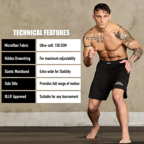Miniatura 16 de Elite Sports - Shorts de combate para hombre, color negro, para combates MMA, BJJ, Jiu Jitsu