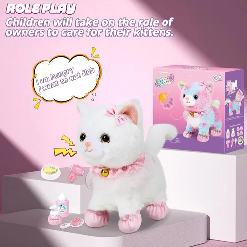 Miniatura 4 de Jimate Juguete electrónico interactivo de peluche robot que camina y ladra, gato de peluche con control remoto para niñas (gato blanco)