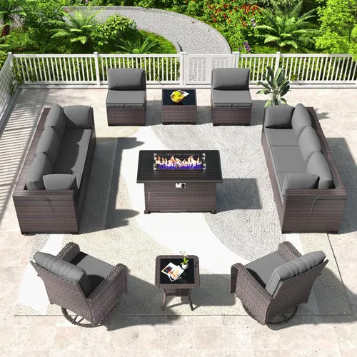 Miniatura 96 de Kullavik Juego de 13 muebles de patio al aire libre con mesa de fogata de gas propano de 43 pulgadas, 55000 BTU, mimbre de polietileno, sofá Arena