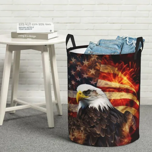 Miniatura 8 de American Flag Fire Eagle print Circular Hamper Waterproof Storage Bin Organizer Basket Laundry Hamper With Handles For Clothes Toys Small