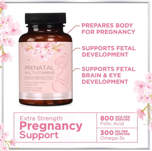 Miniatura 6 de Vitaminas prenatales para mujeres con ácido fólico + Omega 3 DHA para apoyo al desarrollo fetal - Suplemento vitamínico prenatal para mamá y bebé