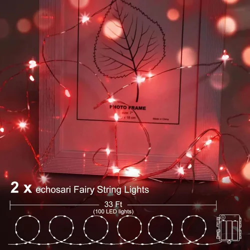 Miniatura 6 de echosari Paquete de 2 Luces de Hadas Rojas a Pilas 200 LED 66 Pies Alambre Plateado Luces de Cadena Estrelladas Temporizador Automático 8 Modos Rojo