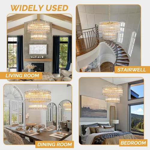 Miniatura 8 de TOCHIC Candelabro de cristal dorado de 6 luces, lámpara moderna de granja de 2 niveles para comedor, lámpara colgante para sala de estar