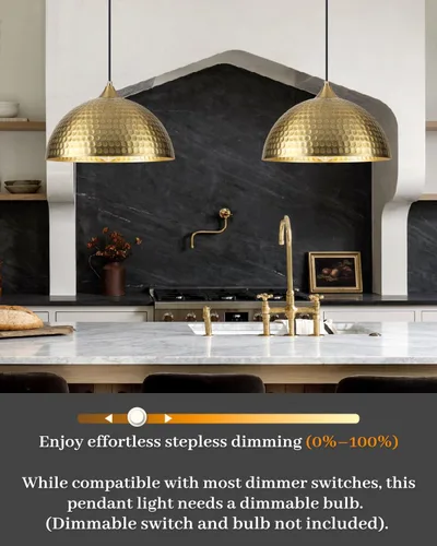 Miniatura 9 de Paquete de 2 luces colgantes doradas para isla de cocina, lámpara colgante de cúpula martillada de 12 pulgadas, luces colgantes de cocina de granja