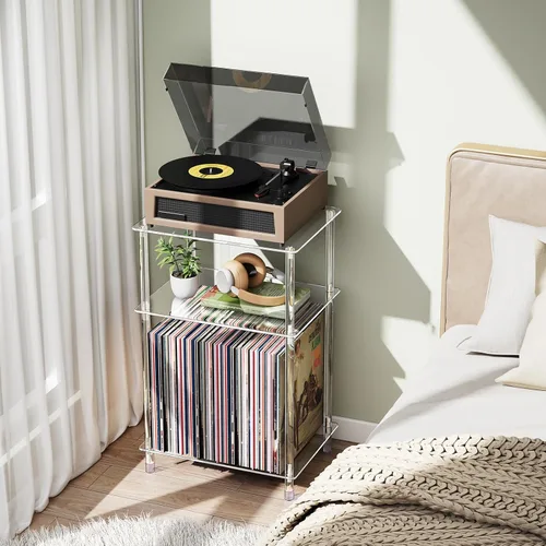 Miniatura 2 de Soporte para tocadiscos de acrílico transparente con almacenamiento de vinilo, 15.75 pulgadas de largo x 11.81 pulgadas de ancho x 24.5 pulgadas