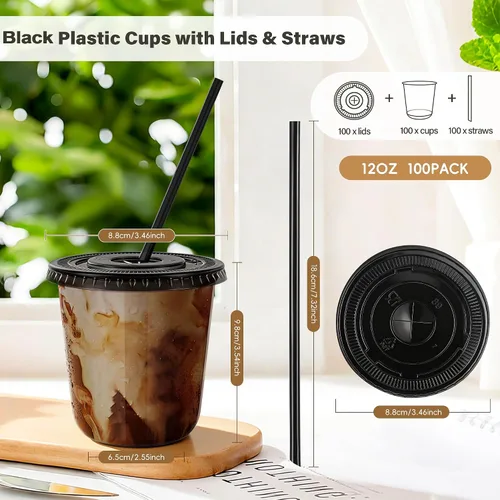 Miniatura 2 de tchrules Juego de 100 vasos de plástico negro de 12 onzas con tapas y pajitas, taza de café helado desechable con tapa, parte inferior redonda