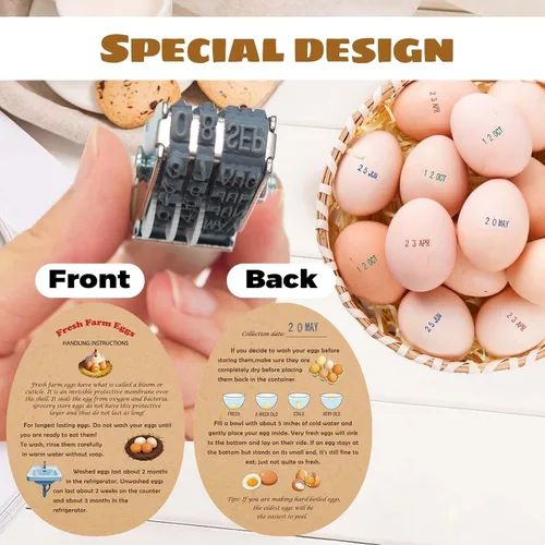 Miniatura 4 de Sellos de fecha de huevo para huevos frescos, con una almohadilla de tinta de cuatro colores, 50 Instrucciones de huevos frescos de granja, Kit