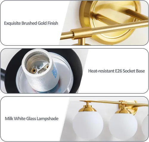 Miniatura 6 de Rayogale Lámparas de baño doradas, ETL 2 luces de tocador sobre espejo con vidrio esmerilado, iluminación suave, apliques de baño de 15 pulgadas