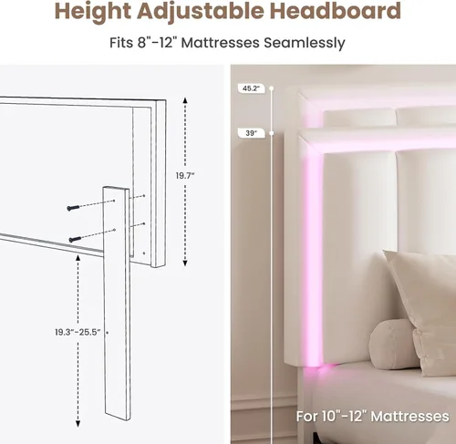 Miniatura 6 de Base de cama tamaño Queen con 4 cajones de almacenamiento, base de cama tapizada Queen con cabecero, luces LED RGB, base de metal resistente y Blanco