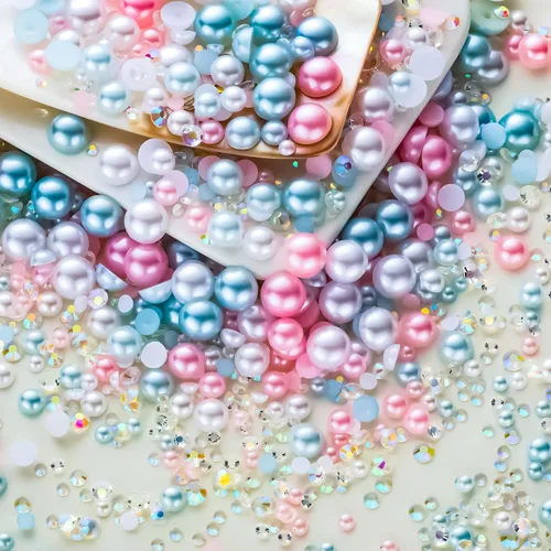 Miniatura 68 de 60g de Perlas Acuamarina Dorada con Diamantes de Imitación para Manualidades Tamaño Mixto 3mm-10mm Color AB Redondas Perlas Medias Planas Conjunto