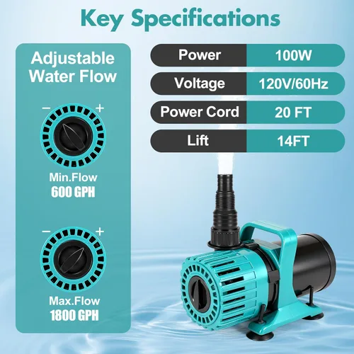 Miniatura 3 de Bomba de estanque de flujo ajustable, bomba de agua sumergible de 100 W con 600 a 1800 GPH, fuente ultra silenciosa y bomba de cascada con salida