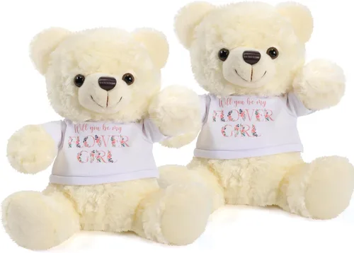 Jexine 2 piezas de peluche de oso de boda de 10 pulgadas con texto en inglés "Will You Be My Flower Gril Bear Bearer", anillo de propuesta de regalo