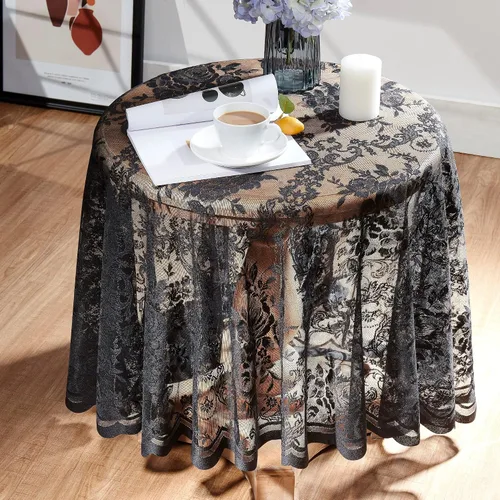 Miniatura 3 de Warm Home Designs Mantel redondo de 36 pulgadas con diseño de rosa inglesa para mesa auxiliar. LTC negro 36 pulgadas
