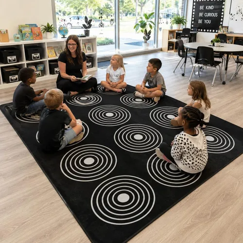 Miniatura 13 de Alfombras de juego para aula, alfombra de 5 x 7 pies para niños con parte trasera de goma, círculo colorido sobre fondo azul, alfombra de juego