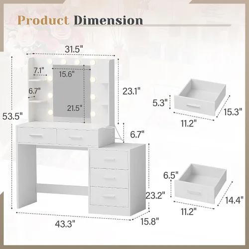 Miniatura 7 de YESHOMY Escritorio de maquillaje con espejo y luces, mesa de tocador con 5 cajones, 6 estantes, estación de carga para dormitorio, vestidor, blanco