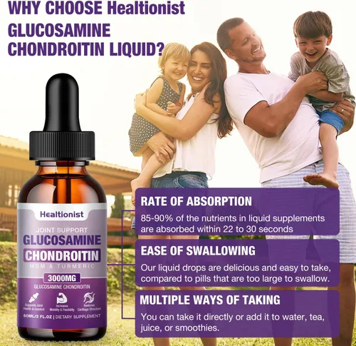 Miniatura 6 de 1 paquete de gotas líquidas de glucosamina condroitina MSM, suplemento de apoyo articular extra fuerte para adultos, hombres y mujeres, quercetina
