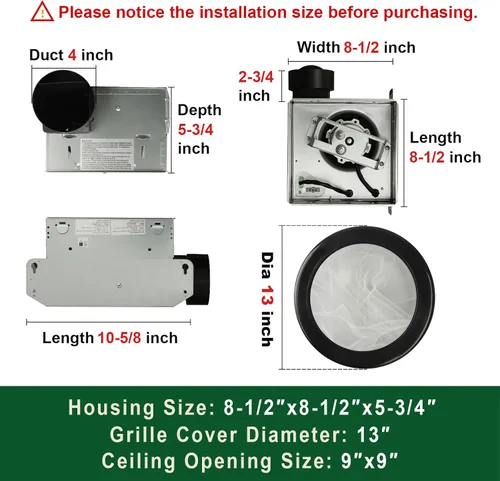 Miniatura 3 de Akicon - Ventilador de baño ultra silencioso de extracción con luz LED 80 CFM 2.0 sones, ventilación redonda para baño con cubierta de vidrio Negro