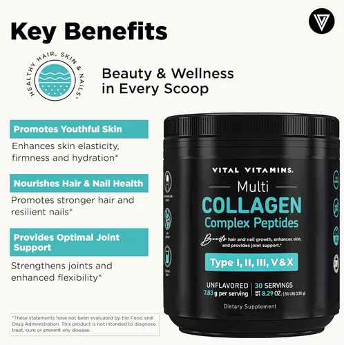 Miniatura 3 de Vital Vitamins Polvo de péptidos de colágeno múltiple, sin sabor, fácil de disolver, tipo I, II, III, V, X, para mujeres y hombres, promueve