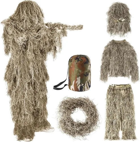 Traje Ghillie 5 en 1 para hombre, incluye chaqueta, pantalones, capucha, bolsa de transporte y cintas de camuflaje, disfraces de Helloween