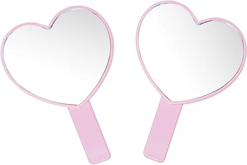 Espejo de mano de maquillaje en forma de corazón, espejo de mano de viaje, espejo cosmético personal portátil con asa (rosa)