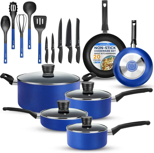 SereneLife Juego de 20 utensilios de cocina azules con cuchillos, incluye ollas y sartenes de varios tamaños, antiadherentes con tapas y utensilios,