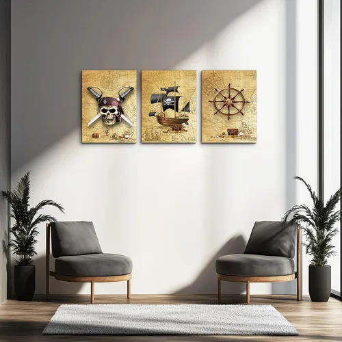 Miniatura 6 de Barco pirata y timones - Lienzo decorativo para pared de sala de estar, dormitorio, decoración de pared, decoración de pared de baño, decoración