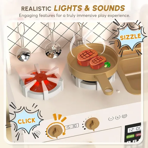 Miniatura 2 de BIERUM Juego de cocina con luces y sonidos realistas, juego de cocina de madera para niños pequeños, cocina de juguete con 26 accesorios de comida