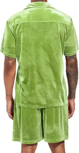Miniatura 3 de LecGee Conjunto de pantalones cortos casuales de verano para hombre, camisa de terciopelo de manga corta con botones, pantalones cortos de cintura