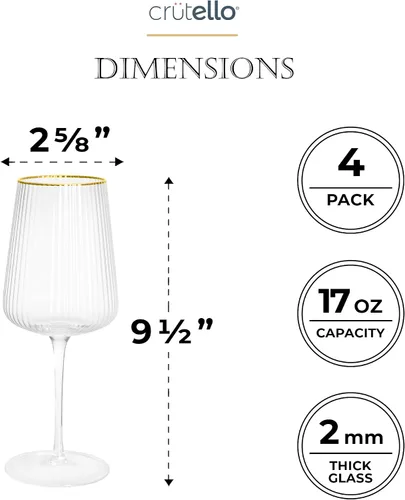 Miniatura 2 de Crutello Copas de vino modernas, cristalería acanalada única de 17 onzas con textura de cristalería acanalada vintage y borde dorado, copas de vino