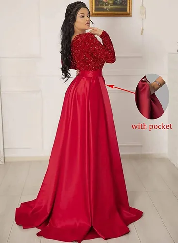 Miniatura 3 de YMSHA Vestido de fiesta de graduación con lentejuelas brillantes para mujer, con bolsillos, manga larga, satén, vestido de noche formal con abertura