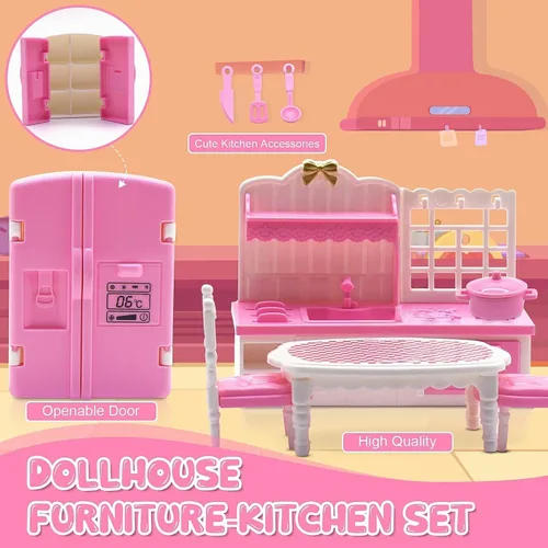 Miniatura 4 de Casa de muñecas, con sala de estar, dormitorio, baño, muebles de cocina, casa de muñecas de doble cara con 1 muñeca, 3 juegos de ropa, luces
