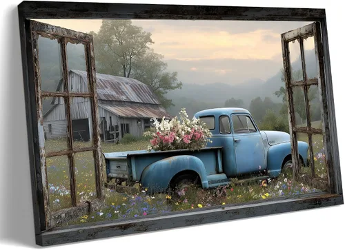Miniatura 21 de Decoración rústica de granja en lienzo con ventana abierta, impresiones artísticas para pared, pintura de camión viejo, lienzo de granero y bandera