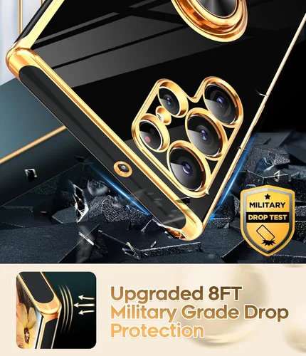 Miniatura 7 de LeYi Funda para Samsung Galaxy S22 Ultra con soporte de anillo giratorio de 360°, soporte magnético, chapado en oro rosa, borde protector para Negro