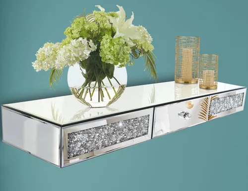 Estante de pared con espejo de diamantes de cristal con cajón, estante flotante de vidrio triturado plateado de 31.5 pulgadas para dormitorio, sala