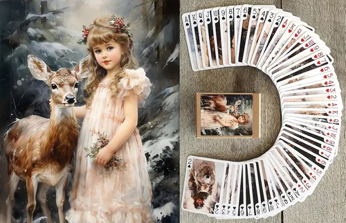 Miniatura 5 de Naipe de cuento de hadas de Navidad (baraja de póquer 54 cartas todas diferentes) Arte ingenuo Adorable Navidad Niñas Hadas Perros y Gatos Paisajes