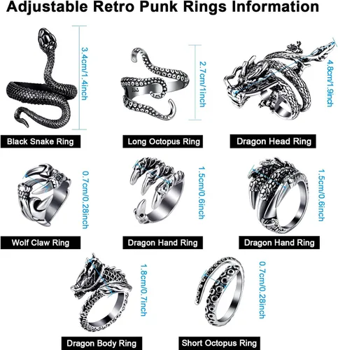 Miniatura 2 de Hicarer 8 piezas vintage punk anillos dragón serpiente pulpo Halloween anillo ajustable, Acero inoxidable