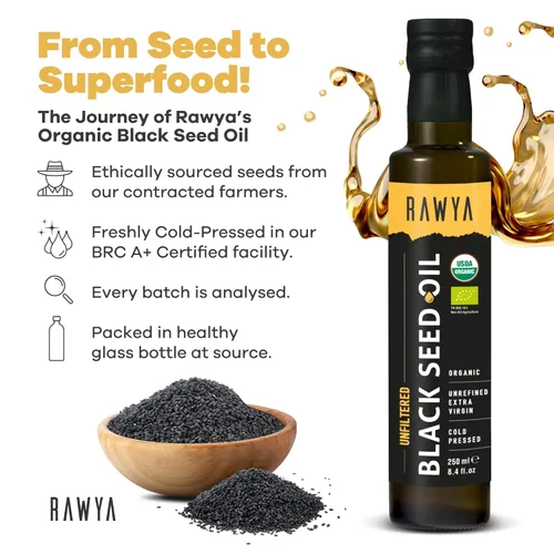 Miniatura 4 de RAWYA Aceite de semilla negra, sin filtrar, espectro completo, 8.4 onzas líquidas, orgánico prensado en frío, Nigella Sativa - USDA Organic