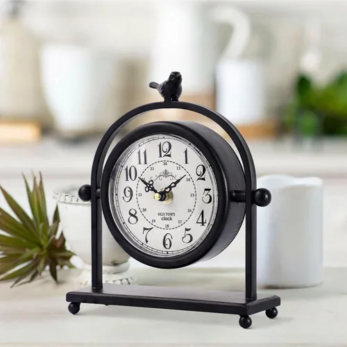 Miniatura 6 de Reloj de mesa silencioso a pilas de metal negro analógico con pájaro, pequeño reloj de mesa para decoración de granja, estante de chimenea, hogar