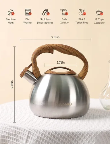 Miniatura 5 de BELANKO Hervidor de té de 2.7 cuartos de galón para estufas, tetera de acero inoxidable de grado alimenticio con silbato fuerte, mango de madera