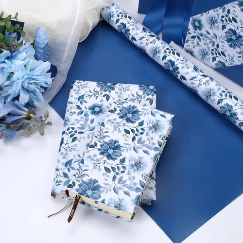 Miniatura 6 de LaRibbons Rollo de papel de regalo reversible floral azul, elegante diseño de peonía azul y blanco, envoltura de regalo china para el día de San