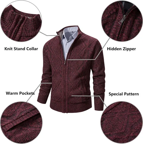 Miniatura 2 de VtuAOL Suéteres tipo cárdigan para hombre, con cremallera completa, cuello alto, cárdigan de punto casual con bolsillos